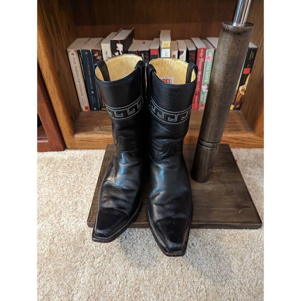 Rudel Rogers black pointed toe cowboy boots sz 8 EE white Aztec style stitching